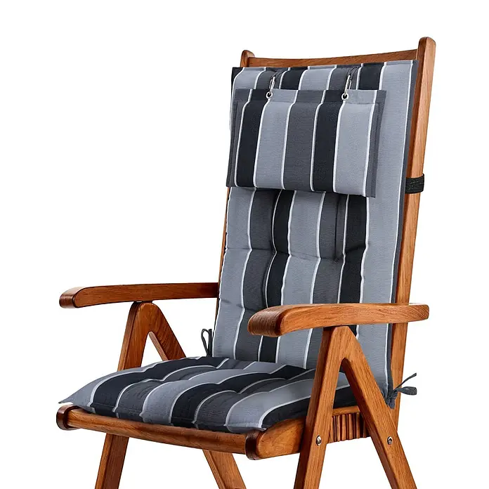 Beautissu Sitzauflage Sun-HL - Hochlehner, 1 Stk., Polyester, Anthrazit-gestreift - Holzklappstuhl mit gestreiftem grau, schwarz und weiß Kissen und separater Kopfstütze.