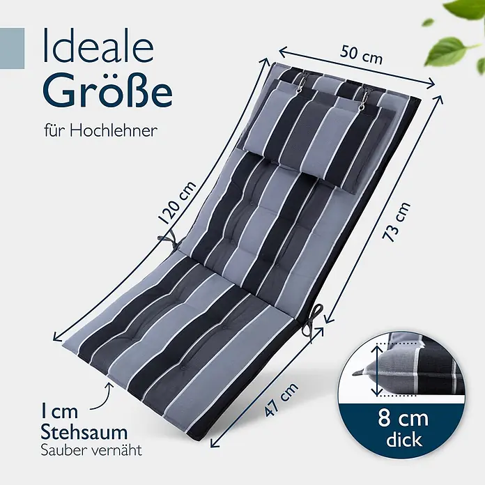 Beautissu Sitzauflage Sun-HL - Hochlehner, 1 Stk., Polyester, Anthrazit-gestreift - Gestreifte Gartenstuhlauflage in Grau, Schwarz und Weiß für Hochlehner, 193 cm lang, 50 cm breit (oben) und 8 cm dick.