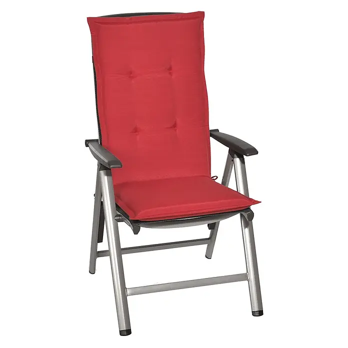 Beautissu Sitzauflage Loft HL - Hochlehner, 1 Stk., L x B x H: 120 x 50 x 6 cm, Polyester, Rot - Roter gepolsterter Klappstuhl mit grauem Rahmen, für Komfort und Portabilität konzipiert.