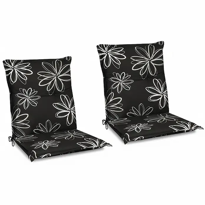Beautissu Sitzauflage Sunny NL - Niederlehner, 2 Stk., Polyester, Mehrfarbig - Zwei schwarze Stuhlkissen mit weißem Blumenmuster.