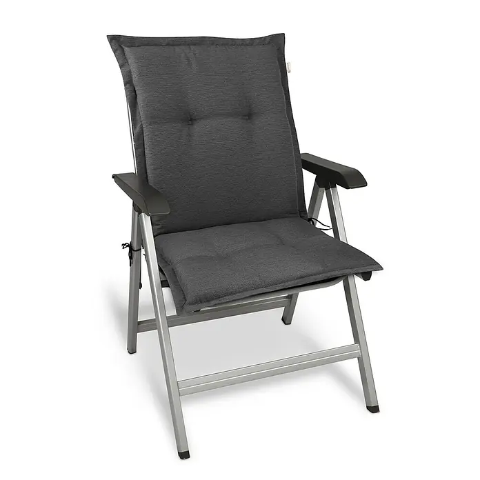 Beautissu Sitzauflage HighLux NL - Niederlehner, 1 Stk., L x B x H: 105 x 50 x 7 cm, Polyester, Anthrazit - Silbergrauer Aluminium-Klappstuhl mit anthrazitfarbenen Polstern für Komfort im Freien.