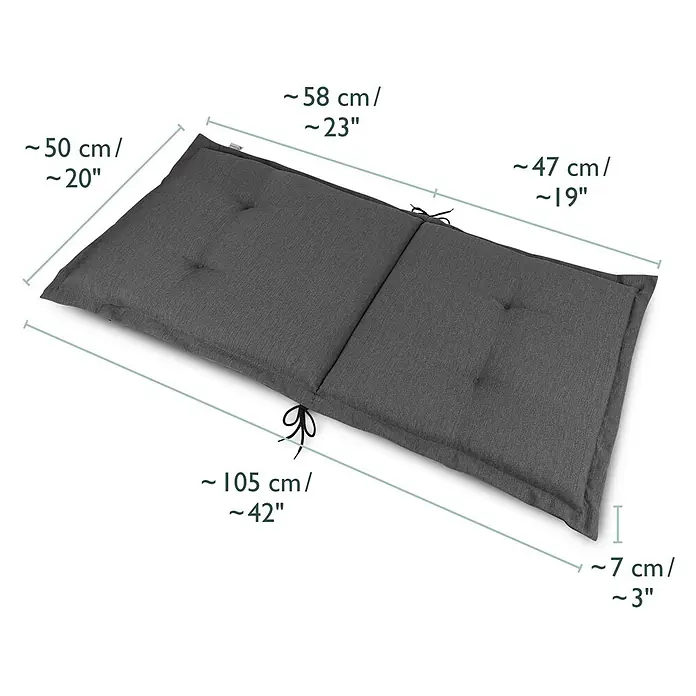 Beautissu Sitzauflage HighLux NL - Niederlehner, 1 Stk., L x B x H: 105 x 50 x 7 cm, Polyester, Anthrazit - Dunkelgraues, zweigeteiltes, gestepptes Kissen mit Bändern, inklusive ca. Maßangaben.