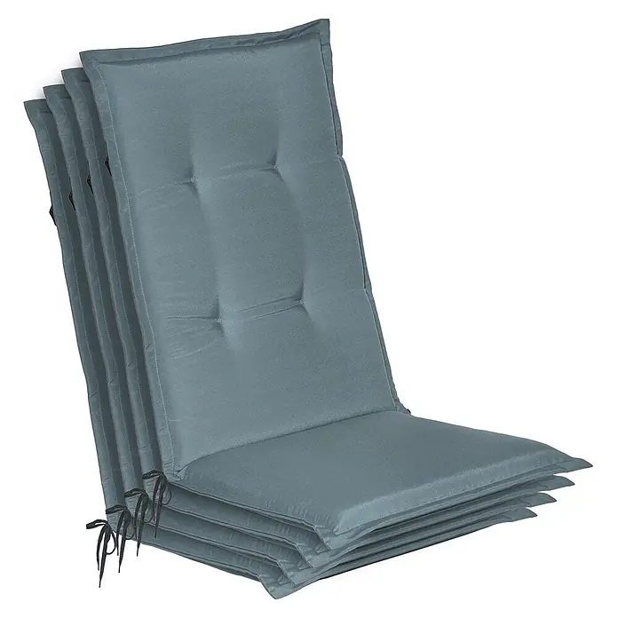 Beautissu Sitzauflage Loft HL - Hochlehner, 4 Stk., L x B x H: 0 x 0 x 0 cm, Polyester, Taubenblau - Stapel aus vier grauen, getufteten Stuhlkissen mit Bändern.