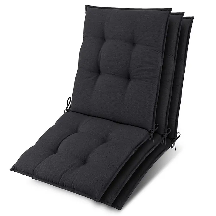 Beautissu Sitzauflage Sun-NL - Niederlehner, 3 Stk., Polyester, Anthrazit - Stapel dunkelgrauer, getufteter Outdoor-Stuhlkissen mit Bändern.