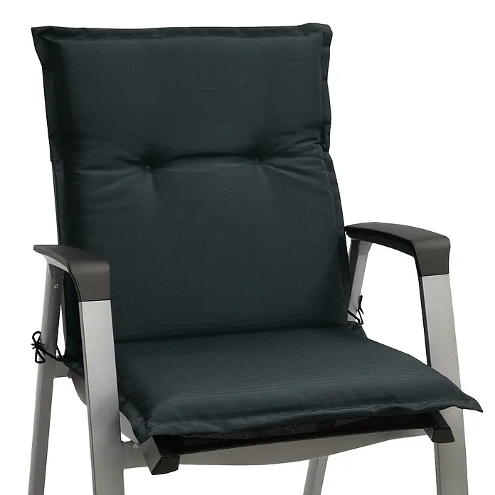 Beautissu Sitzauflage Base NL - Niederlehner, 6 Stk., L x B x H: 100 x 50 x 6 cm, Polyester, Graphitgrau - Dunkelgraues Stuhlkissen-Set mit Rücken- und Sitzpolstern auf hellgrauem Gestell.