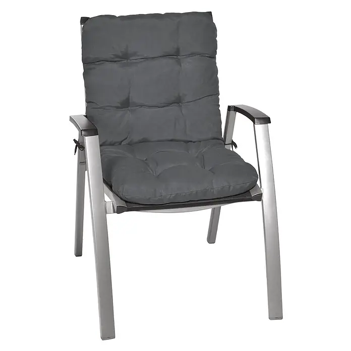 Beautissu Sitzauflage Flair NL - Niederlehner, 1 Stk., Polyester, Graphitgrau - Gartenstuhl mit silbernem Metallrahmen, schwarzen Armlehnen und dunkelgrauem Polster.