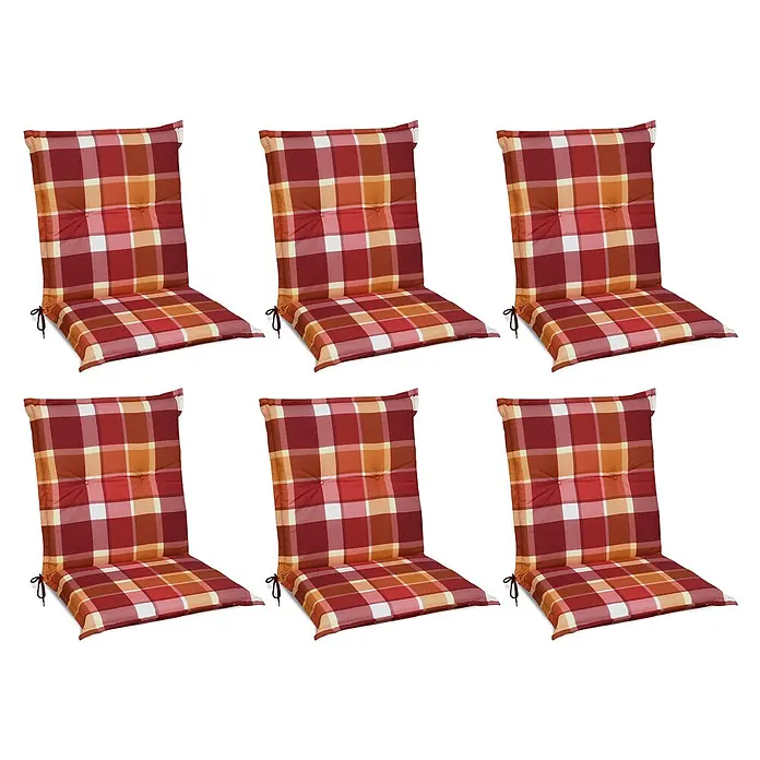 Beautissu Sitzauflage Sunny NL - Niederlehner, 6 Stk., Polyester, Rot - Sechs rot-orange karierte, getuftete Stuhlkissen mit Bändern.