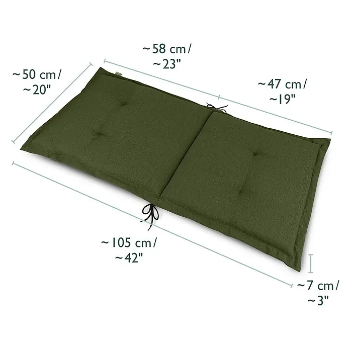 Beautissu Sitzauflage HighLux NL - Niederlehner, 4 Stk., L x B x H: 105 x 50 x 7 cm, Polyester, Dunkelgrün - Dunkelgrünes getuftetes Stuhlkissen mit abgebildeten Maßen, zwei Sektionen und Bändern.