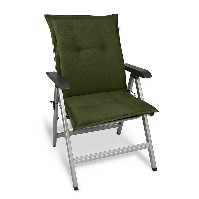 Beautissu Sitzauflage HighLux NL - Niederlehner, 4 Stk., L x B x H: 105 x 50 x 7 cm, Polyester, Dunkelgrün - Grün gepolsterter Klappstuhl mit Aluminiumrahmen und schwarzen Armlehnen.