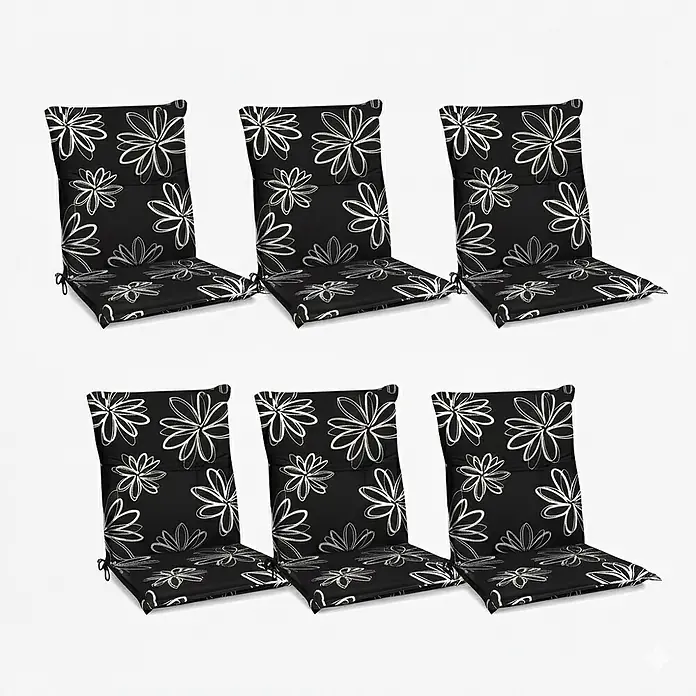 Beautissu Sitzauflage Sunny NL - Niederlehner, 6 Stk., Polyester, Mehrfarbig - Sechs schwarze Stuhlkissen mit weißem Blumenmuster.