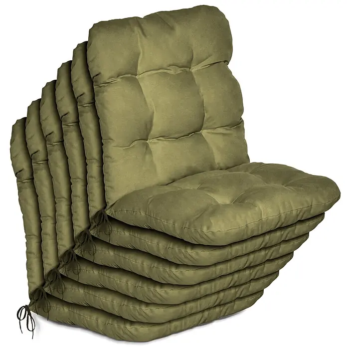 Beautissu Sitzauflage Flair NL - Niederlehner, 6 Stk., L x B x H: 100 x 50 x 8 cm, Polyester, Olivgrün - Gestapelte olivgrüne, getuftete Stuhlkissen mit Bindebändern.