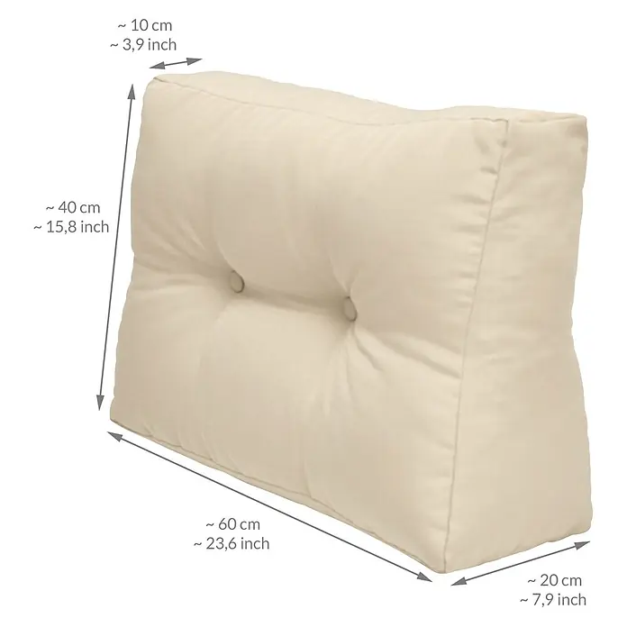 Beautissu Sitzauflage ECO Elements - Europalette, 2 Stk., Polyester, Natur - Cremefarbenes Dreieckskissen mit Knopfheftung, Maße für Breite, Höhe und Tiefe sind angegeben.