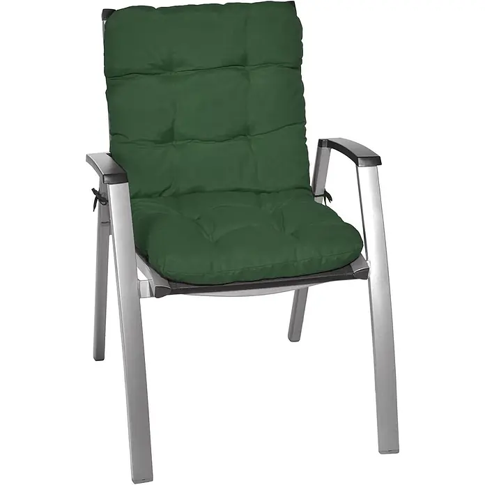 Beautissu Sitzauflage Flair NL - Niederlehner, 8 Stk., L x B x H: 100 x 50 x 8 cm, Polyester, Dunkelgrün - Silberner Gartenstuhl mit dunkelgrünem gepolstertem Kissen und schwarzen Armlehnen.