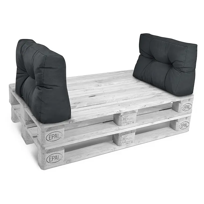Beautissu Sitzauflage Eco Style - Europalette, 2 Stk., L x B x H: 60 x 40 x 20 cm, Polyester, Graphitgrau - Sitzbank aus weißen Holzpaletten mit zwei dunkelgrauen Polsterkissen an jedem Ende.