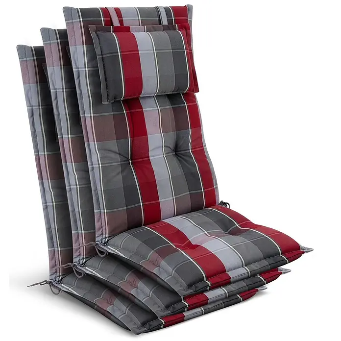 Beautissu Sitzauflage Highlux HL - Hochlehner, 3 Stk., L x B x H: 120 x 52 x 7 cm, Polyester, Grau-Rot-Hellblau-Kariert - Stapel rot-grau-weiß karierter Hochlehner-Sitzkissen mit Kopfstützen und Bindebändern. Gesteppt für Komfort.