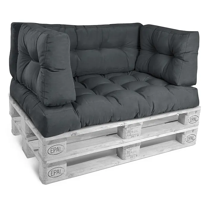 Beautissu Sitzauflage Eco Style - Europalette, 2 Stk., L x B x H: 60 x 40 x 20 cm, Polyester, Graphitgrau - Dunkelgraues gestepptes Palettenkissen-Set auf zwei gestapelten EPAL Holzpaletten.