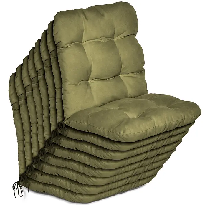 Beautissu Sitzauflage Flair NL - Niederlehner, 8 Stk., L x B x H: 100 x 50 x 8 cm, Polyester, Olivgrün - Gestapelte olivgrüne, getuftete Stuhlkissen als bequeme Sitz- und Rückenlehne.