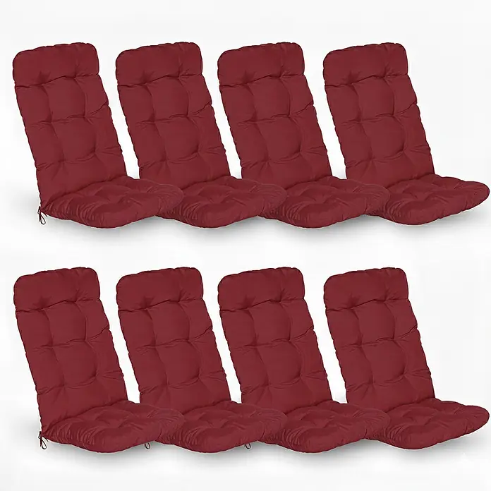 Beautissu Sitzauflage Flair HL - Hochlehner, 8 Stk., L x B x H: 120 x 50 x 8 cm, Polyester, Rot - Satz von acht roten gepolsterten Outdoor-Stuhlkissen für Komfort und Haltbarkeit.