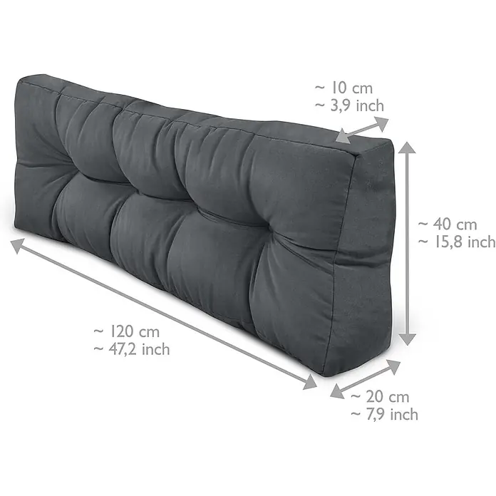 Beautissu Sitzauflage Eco Style - Europalette, 1 Stk., Polyester, Graphitgrau - Dunkelgraues getuftetes Keilkissen, 120 cm lang, 40 cm hoch, Tiefe von 20 auf 10 cm verjüngend.