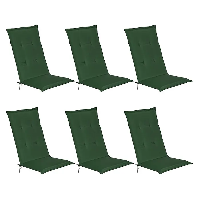 Beautissu Sitzauflage Loft HL - Hochlehner, 6 Stk., Polyester, Dunkelgrün - Sechs dunkelgrüne gesteppte Gartenstuhlauflagen mit Bindebändern.