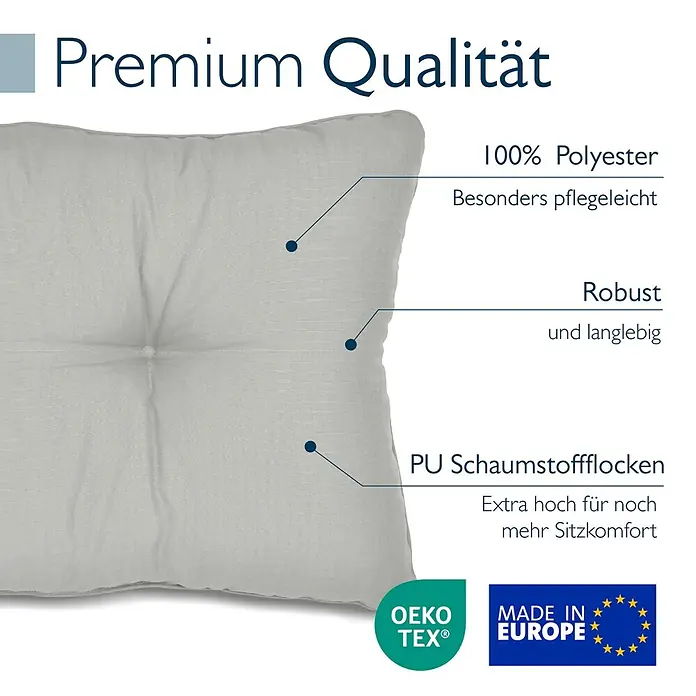 Beautissu Sitzauflage XLuna - Outdoor Lounge, 1 Stk., L x B x H: 50 x 40 x 12 cm, Polyester, Hellgrau - Ein hellgraues gestepptes Kissen aus 100% Polyester, gefüllt mit PU-Schaumstoffflocken für hohen Komfort. Robust und pflegeleicht.