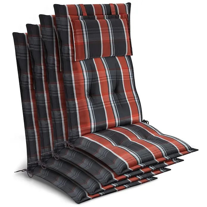 Beautissu Sitzauflage Highlux HL - Hochlehner, 4 Stk., Polyester, Grau-Orange-Weiß-Kariert - Gestapelte rot, schwarz und weiß karierte, getuftete Gartenstuhlauflagen mit Bindebändern.