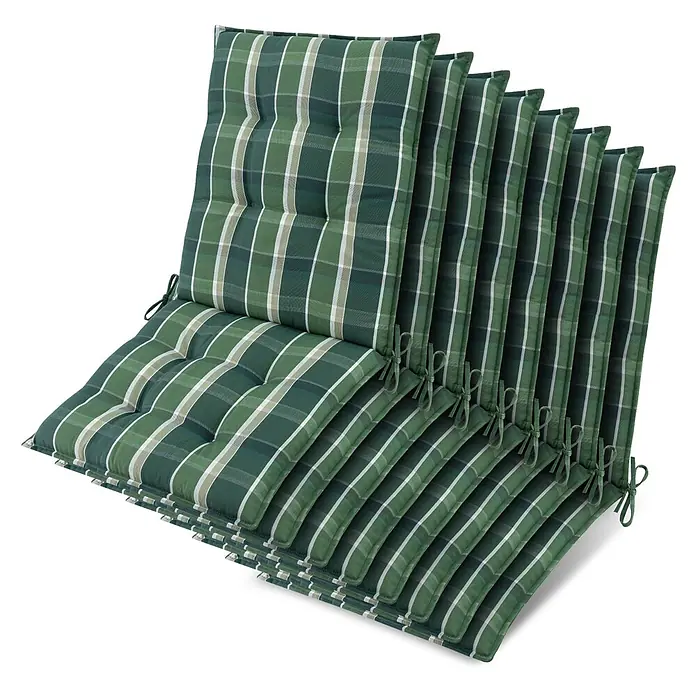 Beautissu Sitzauflage Sun-NL - Niederlehner, 8 Stk., L x B x H: 100 x 50 x 8 cm, Polyester, grün-kariert - Mehrere karierte Gartenstuhlauflagen in Grün mit weißen Streifen und Bindebändern.