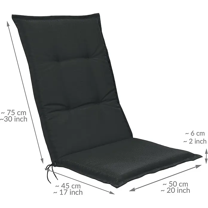 Beautissu Sitzauflage Base HL - Hochlehner, 2 Stk., L x B x H: 120 x 50 x 6 cm, Polyester, Graphitgrau - Schwarzes, gepolstertes Stuhlkissen mit segmentiertem Design und Befestigungsbändern.