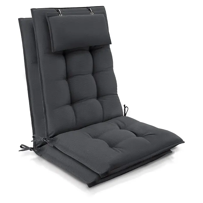 Beautissu Sitzauflage Sun-HL - Hochlehner, 2 Stk., L x B x H: 120 x 50 x 8 cm, Polyester, Anthrazit-uni - Dunkelgraues gestepptes klappbares Relaxkissen mit verstellbarer Kopfstütze und seitlichen Bändern.