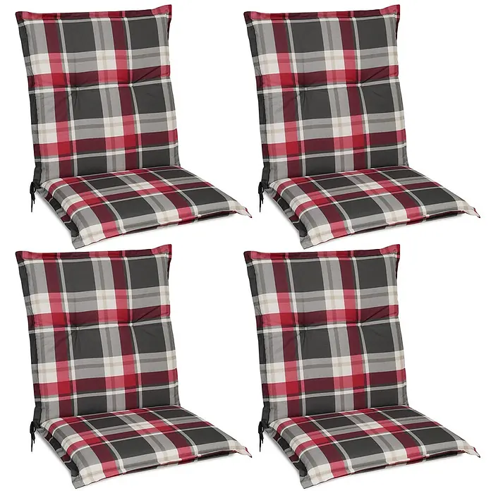 Beautissu Sitzauflage Sunny NL - Niederlehner, 4 Stk., L x B x H: 100 x 50 x 6 cm, Polyester, Bordeaux - Vier karierte Gartenstuhlauflagen in Rot, Grau und Creme mit Bändern.