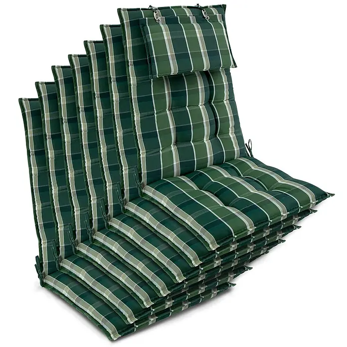 Beautissu Sitzauflage Sun-HL - Hochlehner, 7 Stk., Polyester, Grün-Kariert - Mehrere grüne karierte Gartenstuhlauflagen, teils mit Bändern und einem angebrachten Kopfkissen, in Schichten angeordnet.