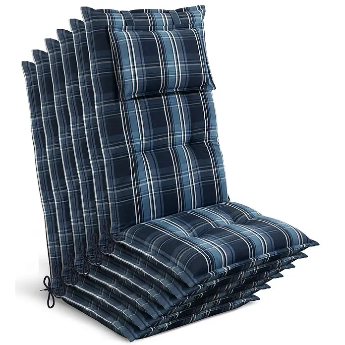 Beautissu Sitzauflage Highlux HL - Hochlehner, 6 Stk., L x B x H: 120 x 52 x 7 cm, Polyester, Blau-Weiß-Kariert - Stapel blauer karierter Outdoor-Stuhlkissen mit Kopfstützen und Bändern.