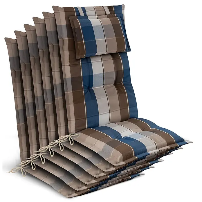 Beautissu Sitzauflage Highlux HL - Hochlehner, 6 Stk., L x B x H: 120 x 52 x 7 cm, Polyester, Braun-Blau-Kariert - Gestapelte karierte Gartenstuhlauflagen in Blau, Braun und Beige, mit Bindebändern und Kopfkissen.