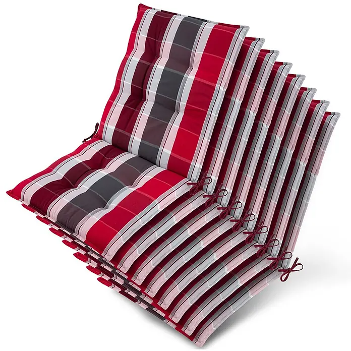 Beautissu Sitzauflage Sun-NL - Niederlehner, 8 Stk., L x B x H: 100 x 50 x 8 cm, Polyester, Rot-Anthrazit gestreift - Stapel rot, grau und weiß karierter Stuhlkissen mit Bindebändern.