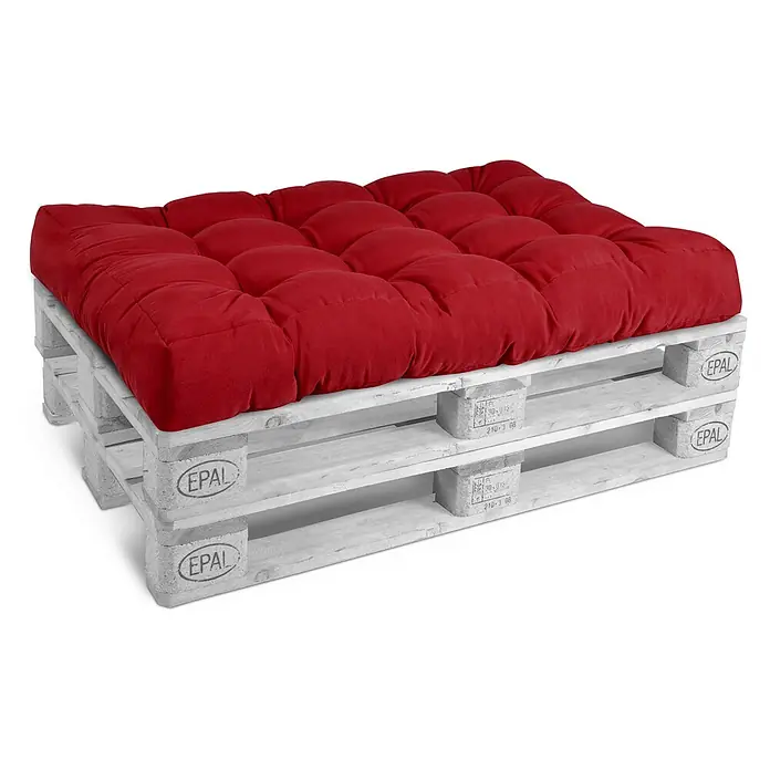 Beautissu Sitzauflage Eco Style - Europalette, 1 Stk., Polyester, Rot - Rotes getuftetes Outdoor-Palettenkissen auf hellem Holzpalettenunterbau.