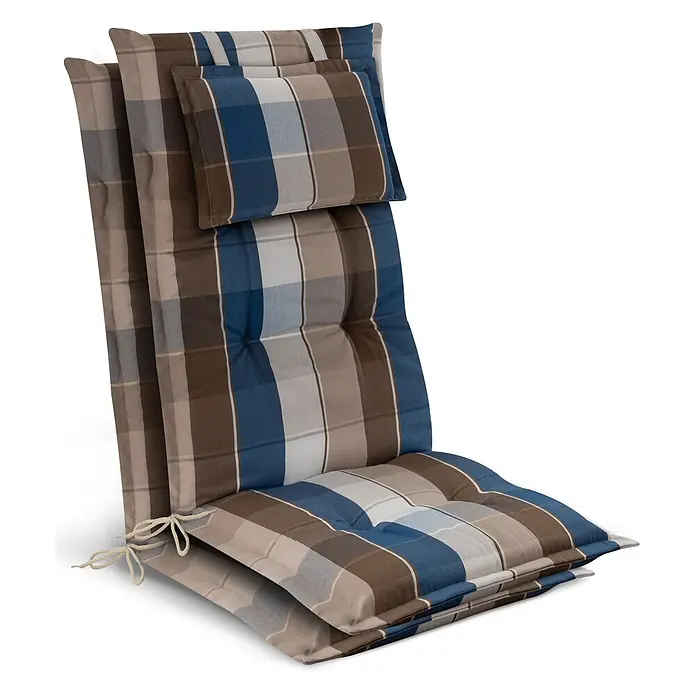Beautissu Sitzauflage Highlux HL - Hochlehner, 2 Stk., Polyester, Braun-Blau-Kariert - Gestreiftes Stuhlkissen in Blau, Braun und Weiß mit Kopfstütze und Befestigungsbändern.