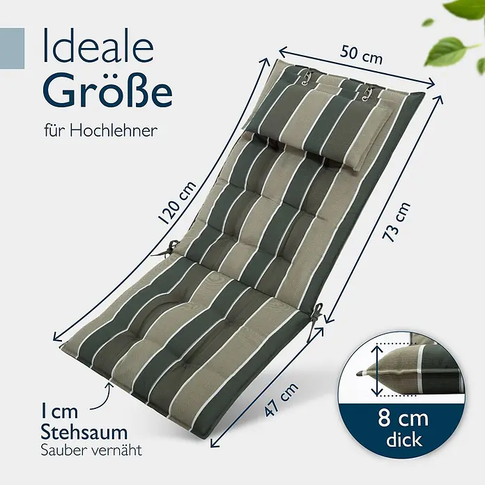 Beautissu Sitzauflage Sun-HL - Hochlehner, 1 Stk., L x B x H: 119 x 50 x 8 cm, Polyester, grün-gestreift - Gestreiftes Kissen in Olivgrün und Beige für Hochlehner, 50x120 cm (Rückenlehne), 73 cm (Sitz), 8 cm dick.