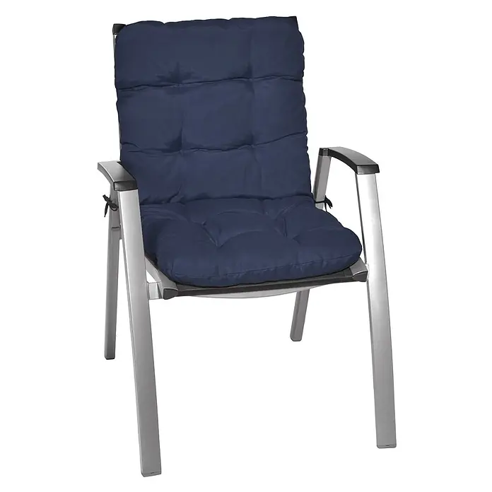 Beautissu Sitzauflage Flair NL - Niederlehner, 4 Stk., Polyester, Dunkelblau - Silberfarbener Gartenstuhl mit dunkelblauem, gepolstertem Kissen.