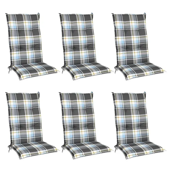 Beautissu Sitzauflage Sunny HL - Hochlehner, 6 Stk., Polyester, Blau - Sechs karierte Stuhlkissen in Grau, Blau, Gelb und Weiß mit Befestigungsbändern.