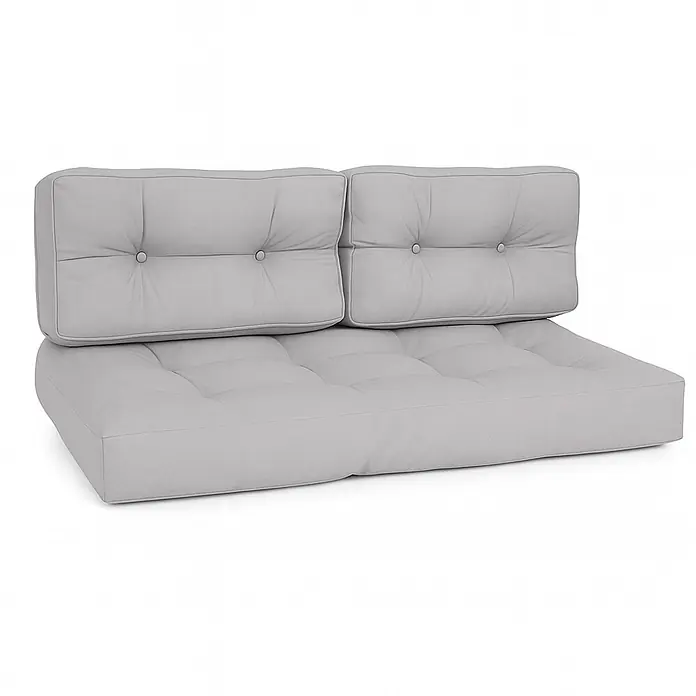 Beautissu Sitzauflage Eco Style - Europalette, 2 Stk., Polyester, Hellgrau - Graues getuftetes Sofakissen-Set mit Knöpfen, bestehend aus Sitz- und zwei Rückenkissen.