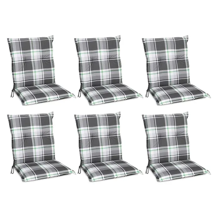 Beautissu Sitzauflage Sunny NL - Niederlehner, 6 Stk., L x B x H: 100 x 50 x 6 cm, Polyester, Mintgrün - Sechs grau, weiß und grün karierte Gartenstuhlauflagen.