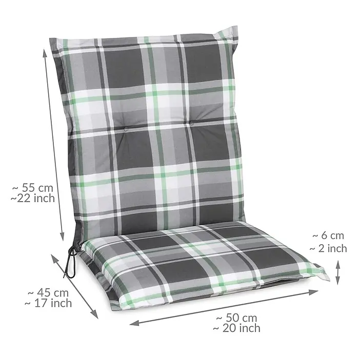 Beautissu Sitzauflage Sunny NL - Niederlehner, 6 Stk., L x B x H: 100 x 50 x 6 cm, Polyester, Mintgrün - Graues, weißes, grünes kariertes Stuhlkissen, gesteppt, mit separatem Rücken- und Sitzteil und Befestigungsbändern. Maße enthalten.