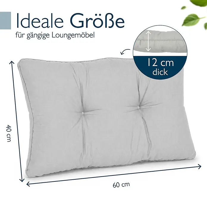 Beautissu Sitzauflage XLuna - Outdoor Lounge, 1 Stk., L x B x H: 60 x 40 x 12 cm, Polyester, Hellgrau - Hellgraues, geknöpftes Loungekissen, 60x40x12 cm, ideal für Loungemöbel.