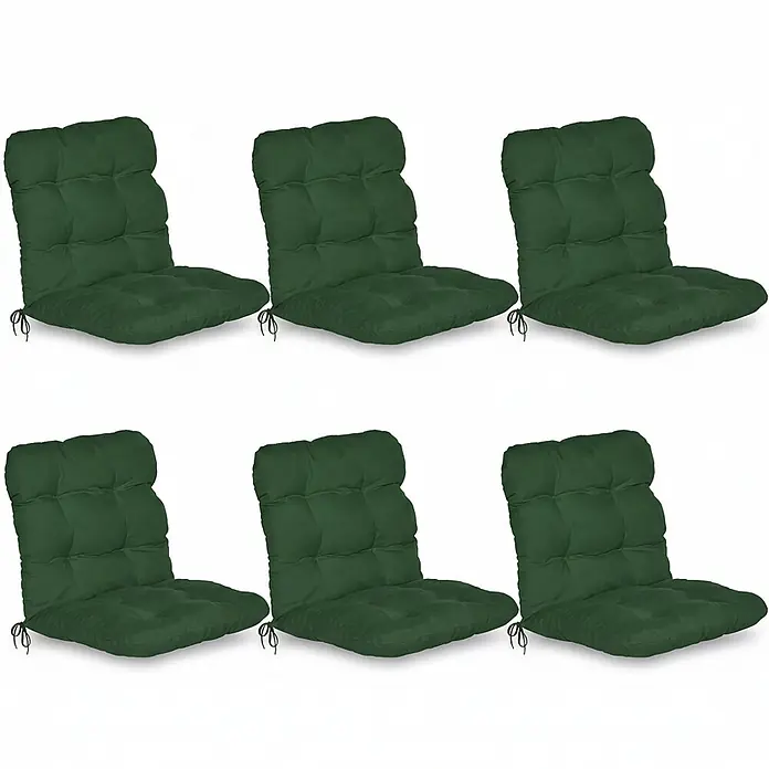 Beautissu Sitzauflage Flair NL - Niederlehner, 6 Stk., Polyester, Dunkelgrün - Sechs dunkelgrüne getuftete Outdoor-Stuhlkissen mit Bändern.