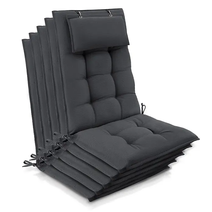 Beautissu Sitzauflage Sun-HL - Hochlehner, 5 Stk., L x B x H: 120 x 50 x 8 cm, Polyester, Anthrazit - Gestapelte dunkelgraue getuftete Stuhlkissen mit Kopfstützen und Bändern.