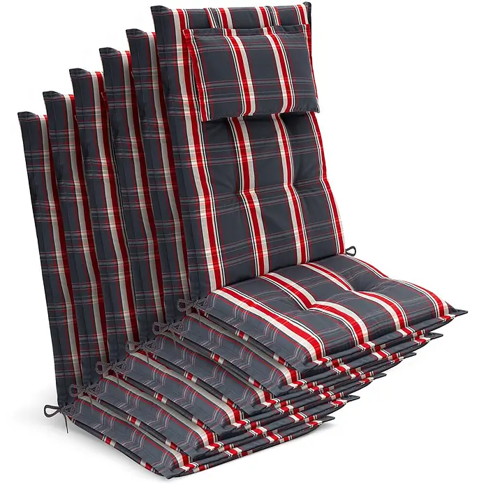 Beautissu Sitzauflage Highlux HL - Hochlehner, 6 Stk., Polyester, Grau-Rot-Kariert - Gestapelte Outdoor-Stuhlkissen mit rot-weiß-grauem Karomuster, bestehend aus Rücken- und Sitzteil mit Bändern.