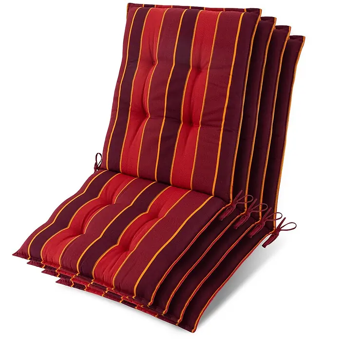 Beautissu Sitzauflage Sun-NL - Niederlehner, 4 Stk., L x B x H: 100 x 50 x 8 cm, Polyester, rot-gestreift - Stapel rot-burgunder-orange gestreifter Outdoor-Stuhlkissen mit Steppnähten und Bindebändern.