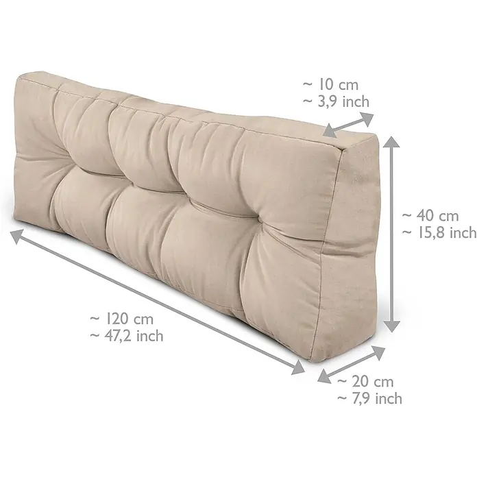 Beautissu Sitzauflage Eco Style - Europalette, 1 Stk., Polyester, Beige - Beiges getuftetes Rückenkissen mit Maßen: Länge 120 cm, Höhe 40 cm, Tiefe 20 cm unten, 10 cm oben.