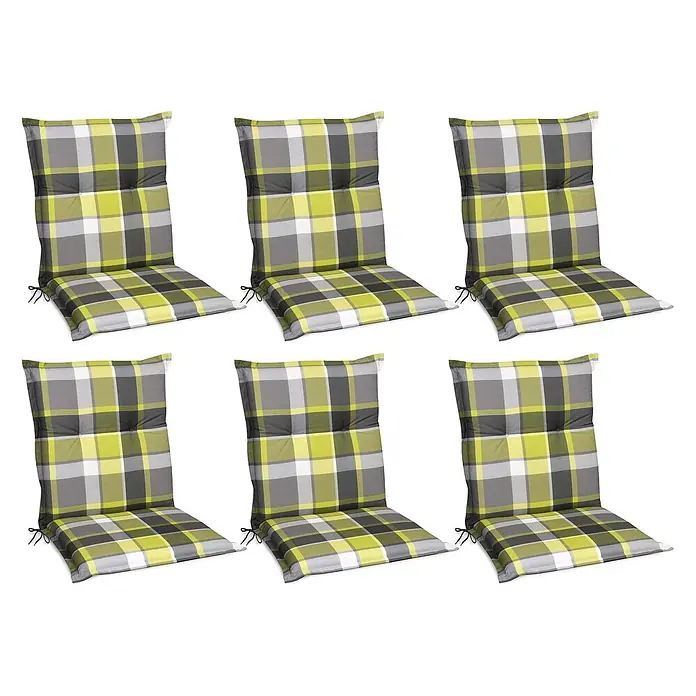 Beautissu Sitzauflage Sunny NL - Niederlehner, 6 Stk., L x B x H: 100 x 50 x 6 cm, Polyester, Grün - Set aus 6 Hochlehner-Stuhlkissen mit grau-weiß-limettengrünem Karomuster und Befestigungsbändern.