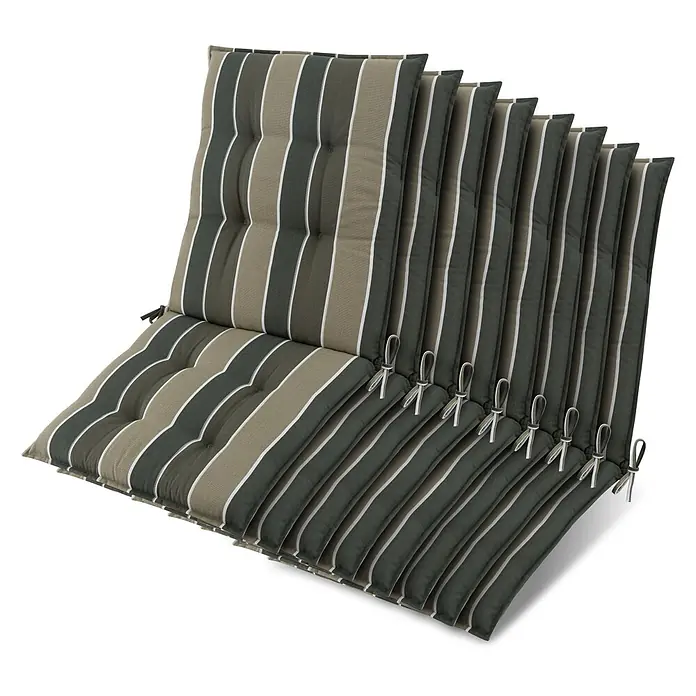 Beautissu Sitzauflage Sun-NL - Niederlehner, 8 Stk., Polyester, grün-gestreift - Set gestreifter Gartenstuhlauflagen in Dunkelgrün, Beige und Weiß, mit Bändern.